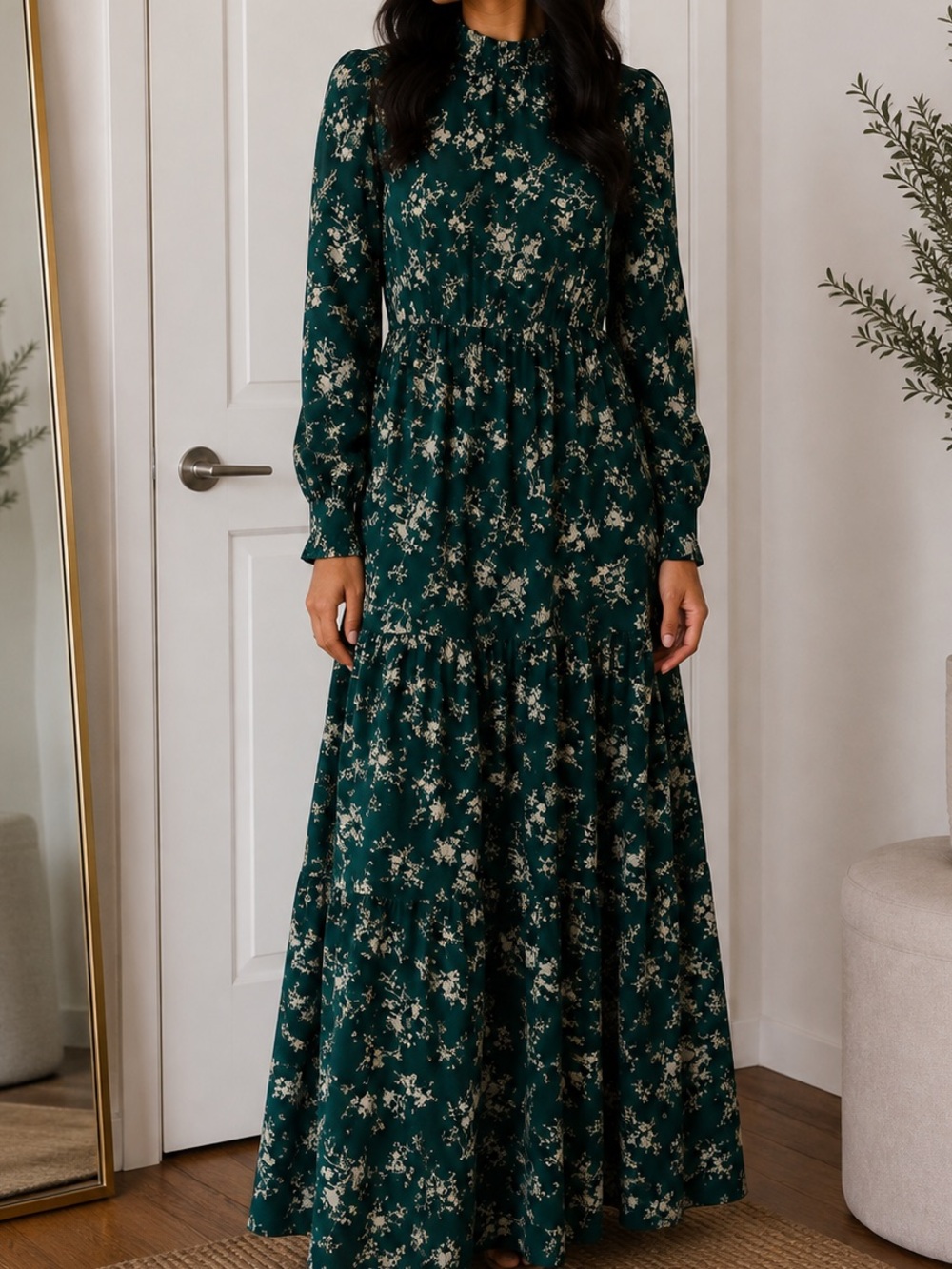 Nasty Gal Emerald Green Floral High-Neck Maxi Dress